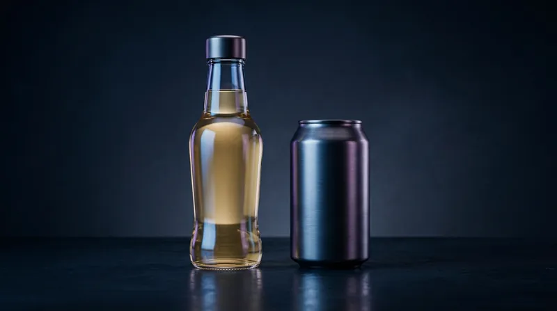 Beverage bottle and can rendered as an AI-generated studio product photo