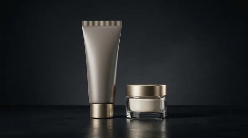 Cosmetics tube and jar rendered as an AI-generated studio product photo