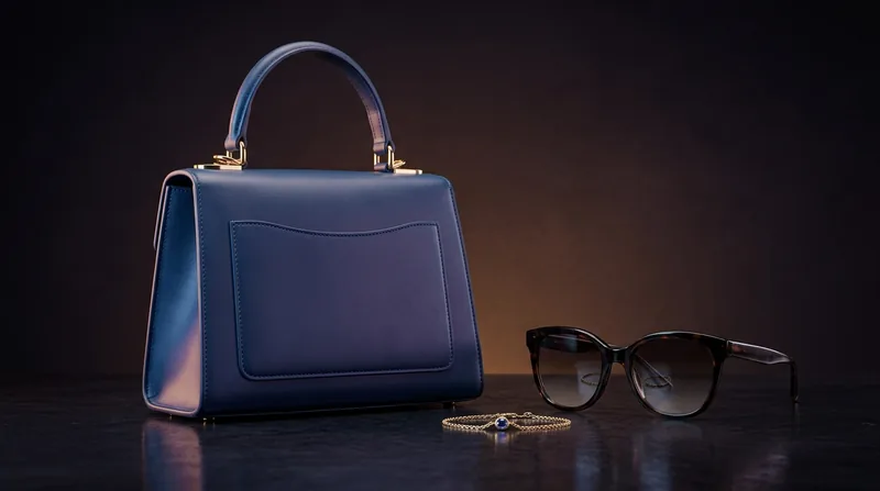Handbag, sunglasses, and bracelet rendered as an AI-generated studio product photo
