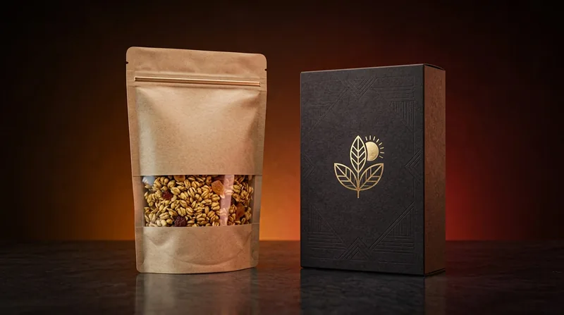 Kraft paper pouch and printed box rendered as an AI-generated studio product photo