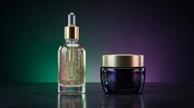 Serum dropper bottle and cream jar rendered as an AI-generated studio product photo