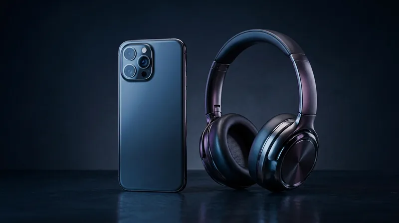 Smartphone and headphones rendered as an AI-generated studio product photo